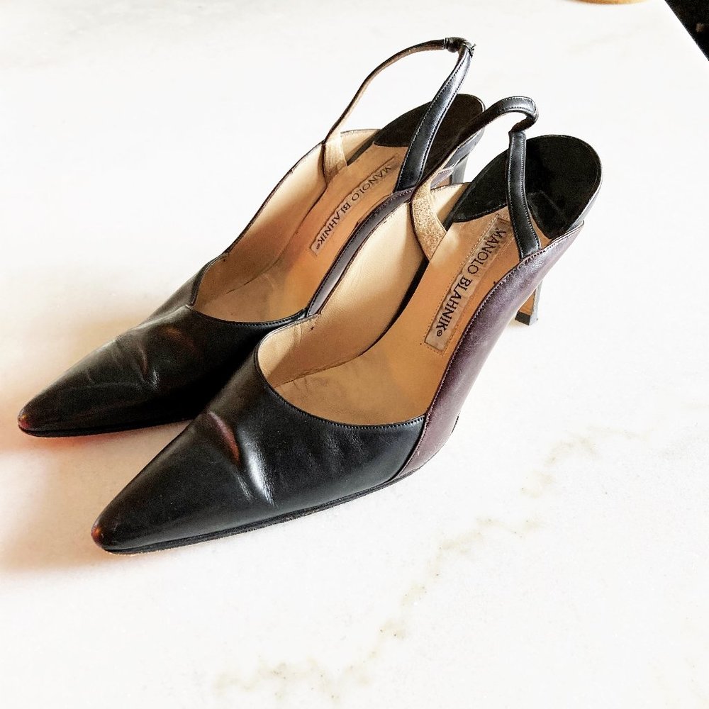 Manolo Blahnik black & brown leather slingback heels, pointed toes, stiletto - Picture 4 of 10
